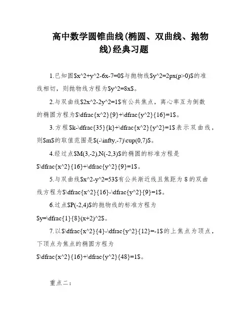高中数学圆锥曲线(椭圆、双曲线、抛物线)经典习题
