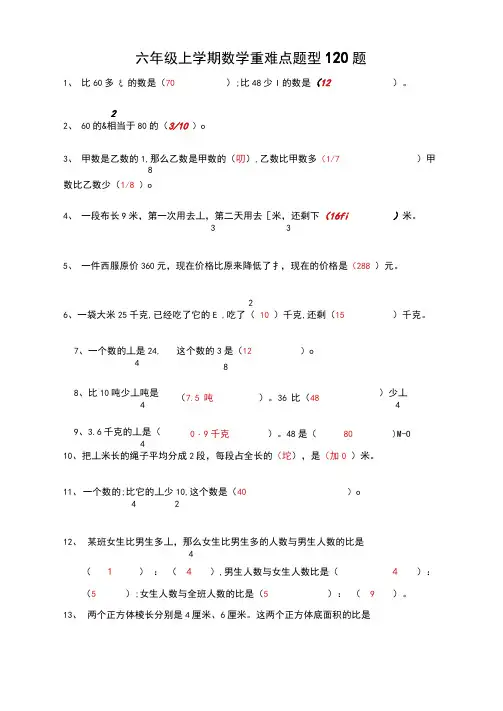 六年级上学期数学重难点题型训练带答案(120题)