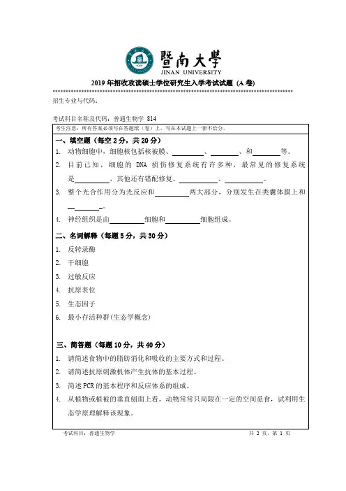 暨南大学2019年招收攻读硕士学位研究生入学考试试题普通生物学 814