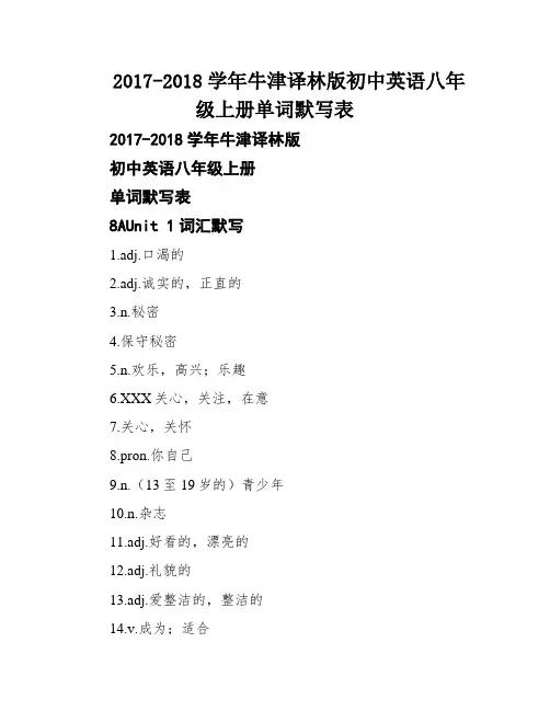 2017-2018学年牛津译林版初中英语八年级上册单词默写表