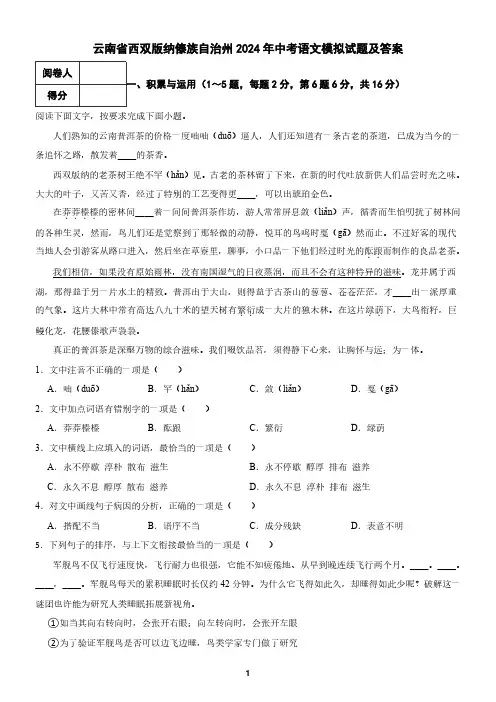 云南省西双版纳傣族自治州2024年中考语文模拟试题及答案