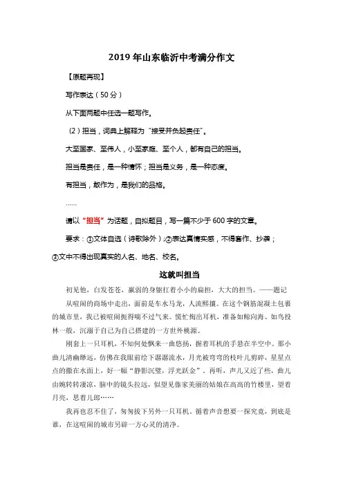 2019年山东临沂中考满分作文《这就叫担当》