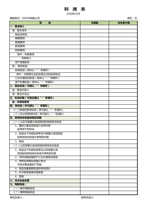 实用财务利润表通用Excel模板