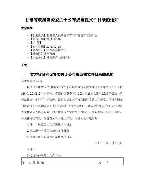 甘肃省政府国资委关于公布规范性文件目录的通知