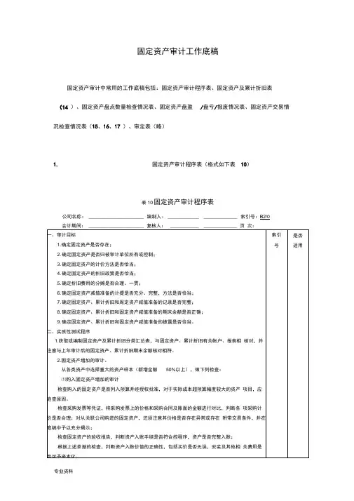固定资产审计工作底稿