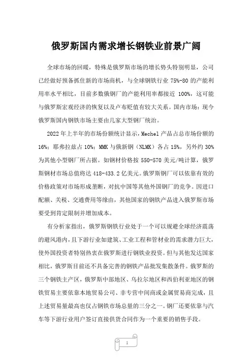 2022年俄罗斯国内需求增长钢铁业前景广阔