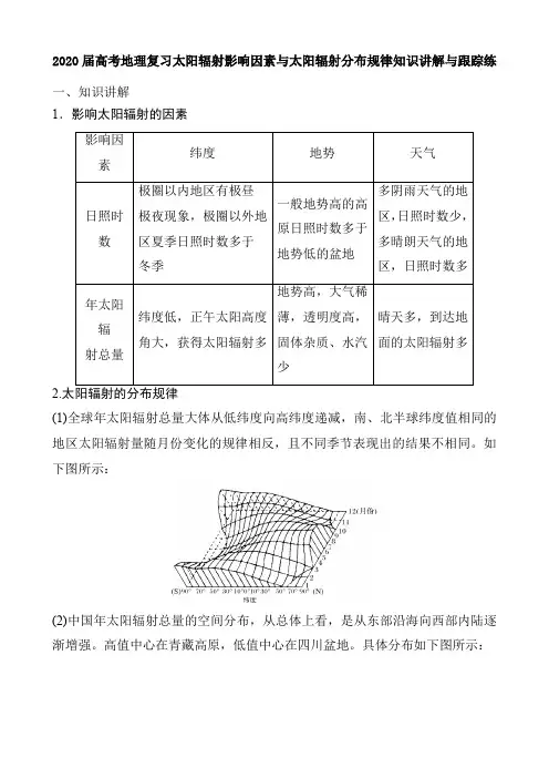 2020届高考地理复习太阳辐射影响因素与太阳辐射分布规律知识讲解与跟踪练