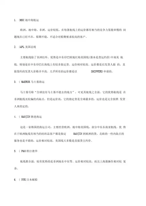 各个船公司的航线各航线的主要港口
