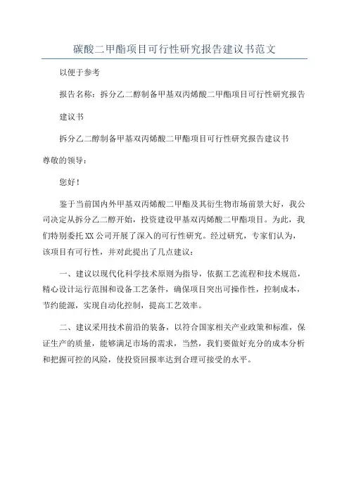 碳酸二甲酯项目可行性研究报告建议书范文