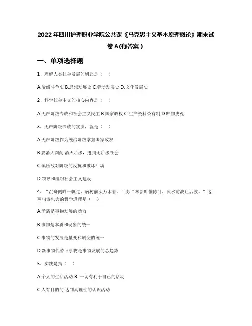 2022年四川护理职业学院公共课《马克思主义基本原理概论》期末试卷A(有答案)
