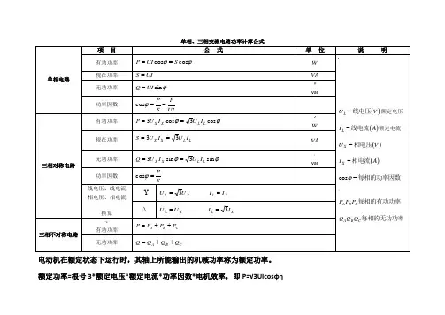 单相、三相交流电路功率计算公式