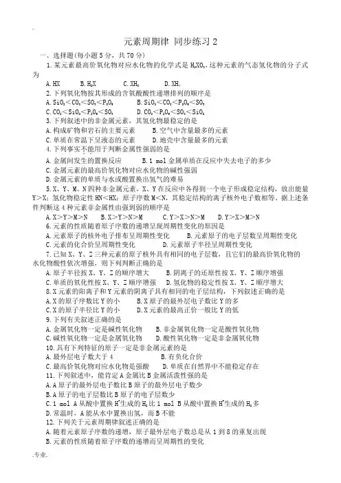高中化学元素周期律 同步练习2苏教版 必修2