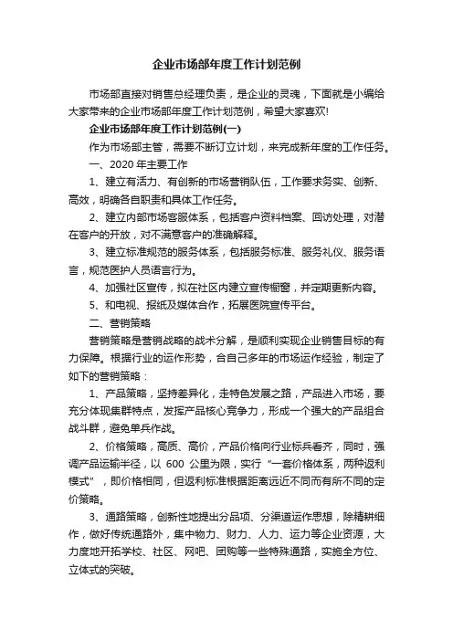 企业市场部年度工作计划范例