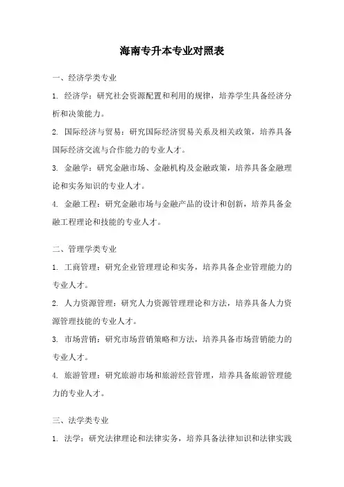 海南专升本专业对照表