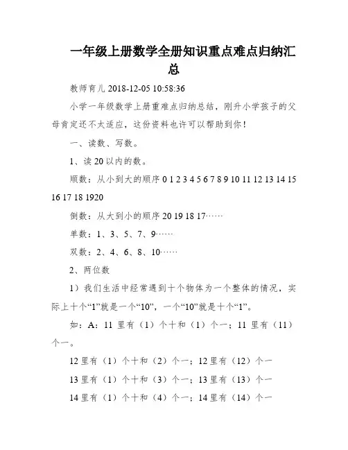 一年级上册数学全册知识重点难点归纳汇总