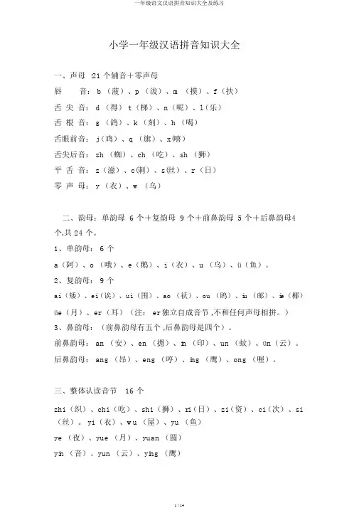 一年级语文汉语拼音知识大全及练习