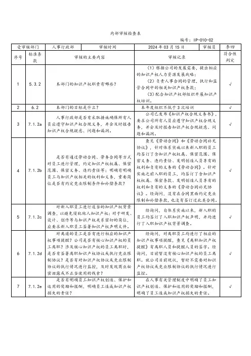内部审核检查表：人事行政