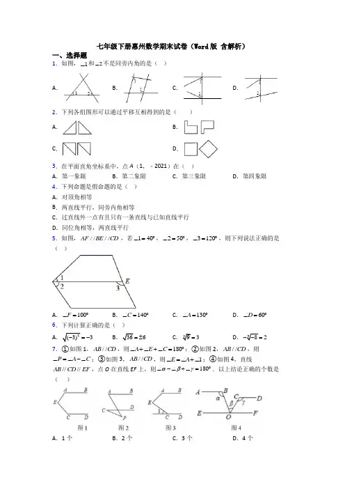 七年级下册惠州数学期末试卷(Word版 含解析)