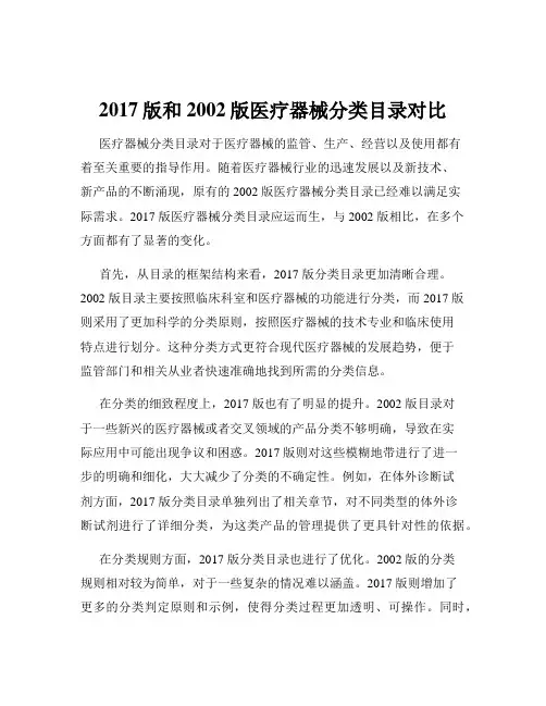 2017版和2002版医疗器械分类目录对比