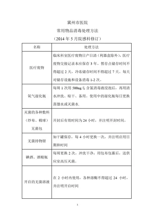 常用物品消毒处理方法