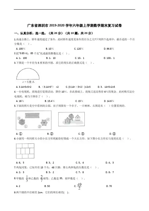 广东省深圳市2019-2020学年六年级上学期数学期末复习试卷
