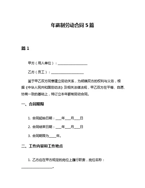 年薪制劳动合同5篇
