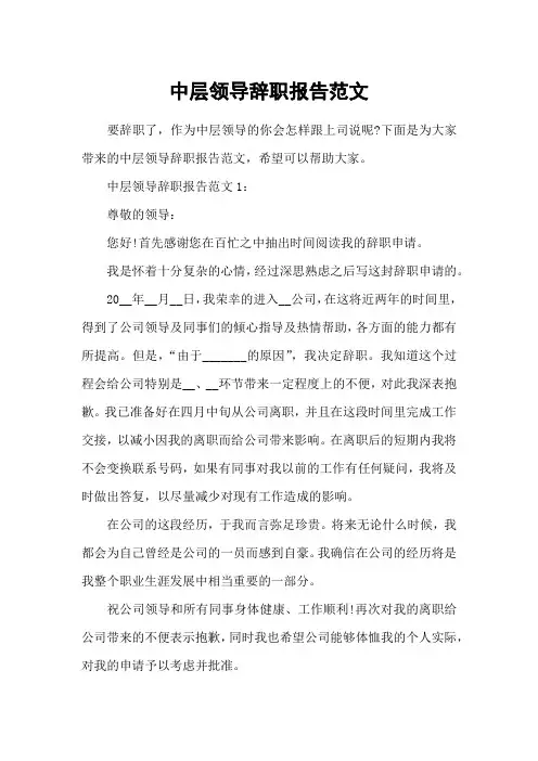 中层领导辞职报告范文