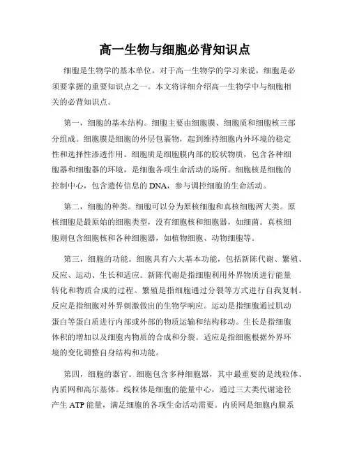 高一生物与细胞必背知识点