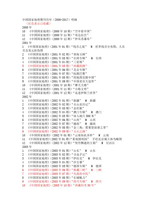中国国家地理期刊历年(2000-2017)明细