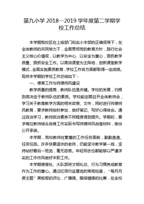 第九小学2018—2019学年度第二学期学校工作总结
