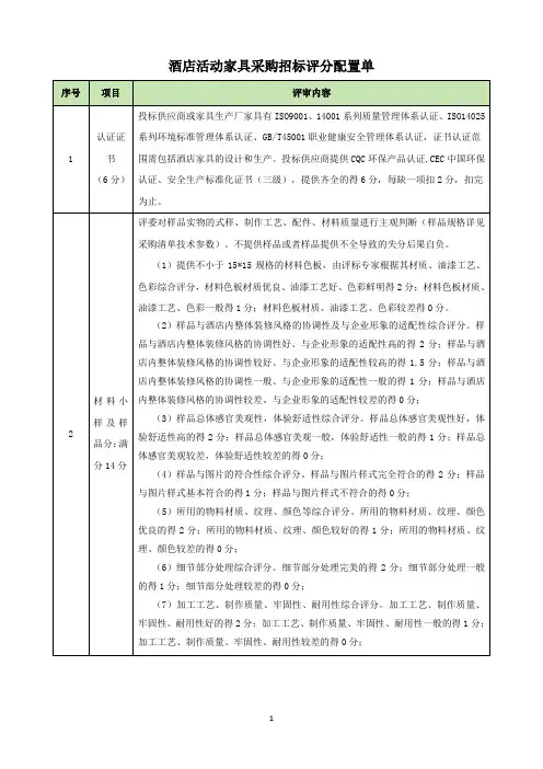 酒店活动家具采购招标评分配置单