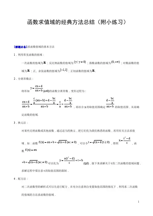函数求值域的经典方法总结(附小练习)