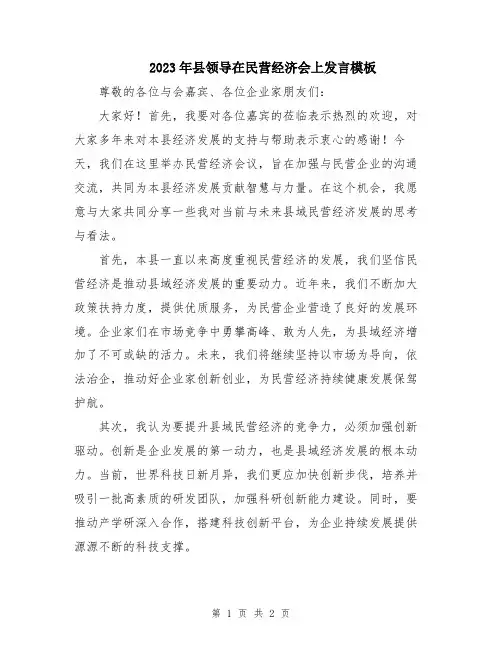 2023年县领导在民营经济会上发言模板