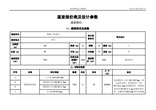 预算单玻璃温室大棚建设报价表及设计参数