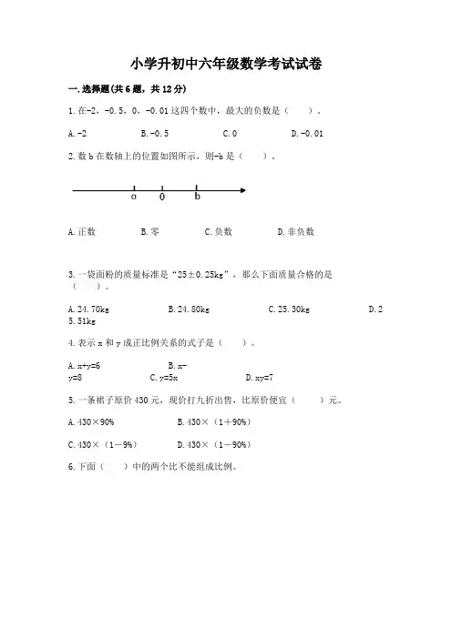 小学升初中六年级数学考试试卷含答案(综合卷)
