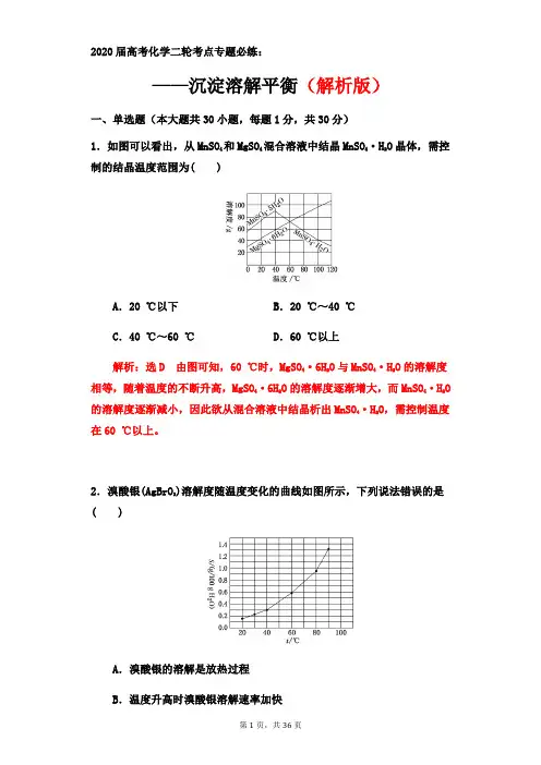 2020届高考化学二轮考点专题必练——沉淀溶解平衡(解析版)