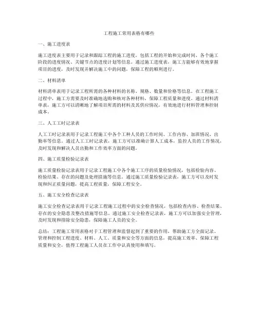 工程施工常用表格有哪些
