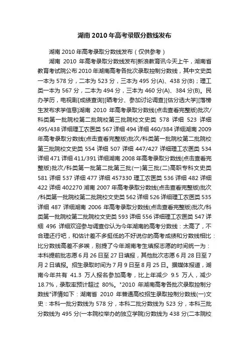 湖南2010年高考录取分数线发布