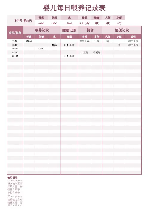 婴儿每日喂养记录表Excel模板