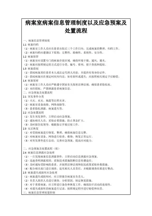 病案室病案信息管理制度以及应急预案及处置流程