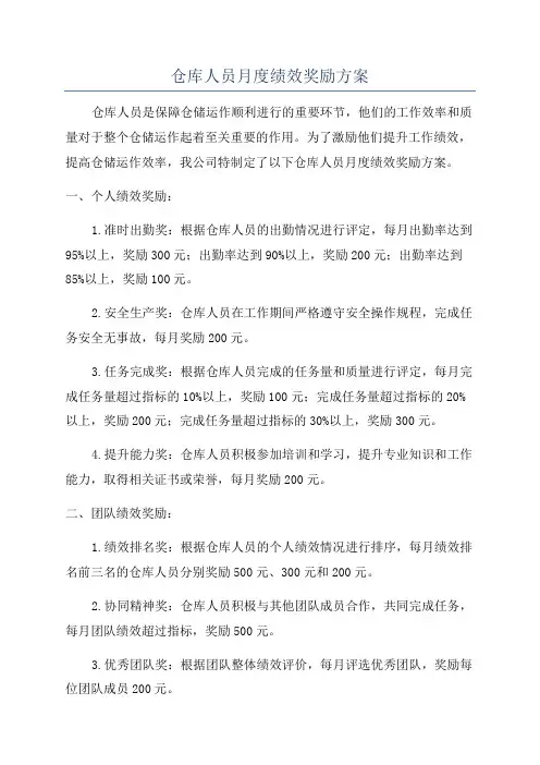 仓库人员月度绩效奖励方案
