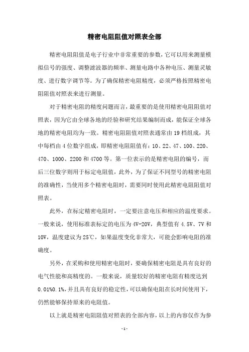 精密电阻阻值对照表全部