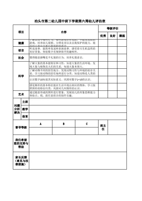 幼儿园幼儿评估表模板样表