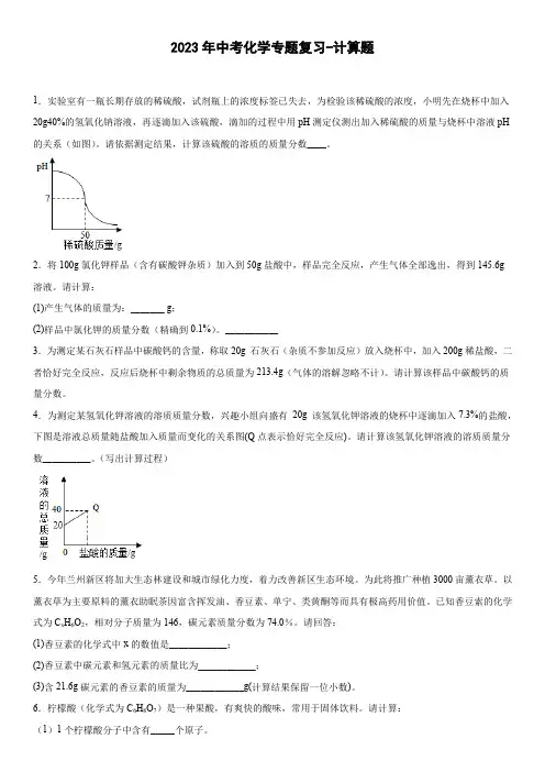2023年中考化学专题复习计算题