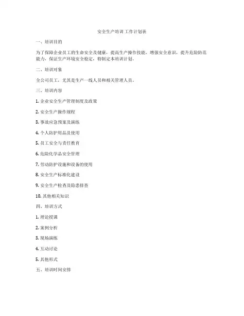 安全生产培训 工作计划表