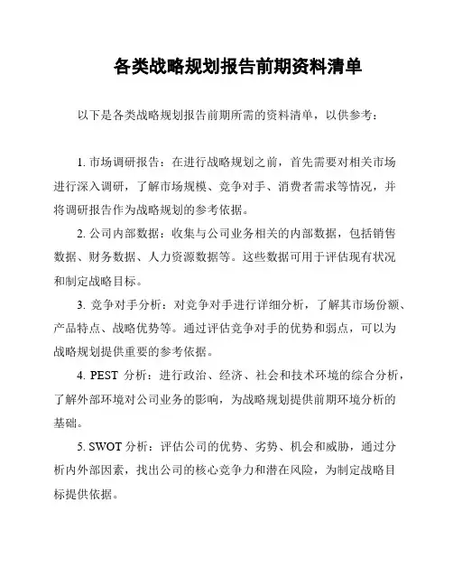 各类战略规划报告前期资料清单