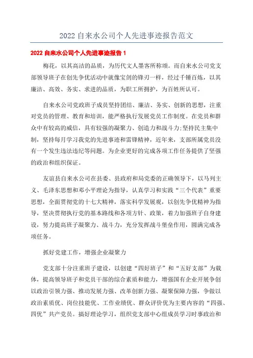 2022自来水公司个人先进事迹报告范文