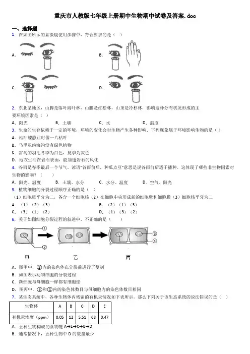 重庆市人教版七年级上册期中生物期中试卷及答案.doc