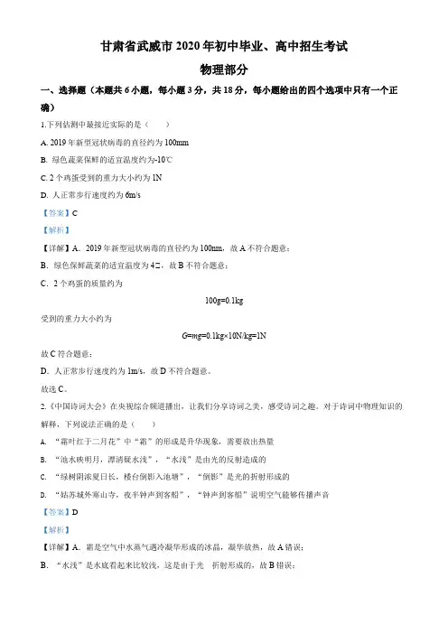 2020年甘肃省武威市中考物理试题及答案解析