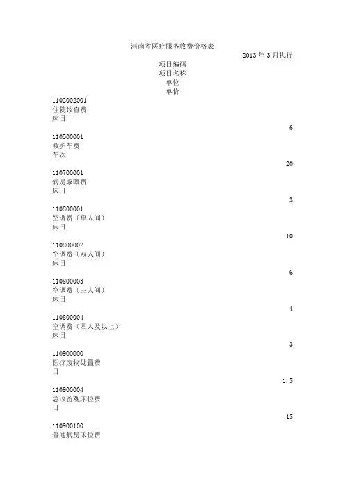 河南省医疗服务收费价格表